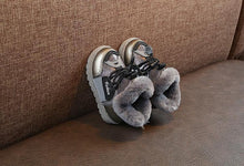 Load image into Gallery viewer, Grey Fur Lace Up Velcro Shoes