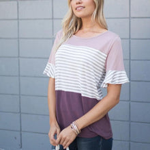 Load image into Gallery viewer, Lavender and Grey Stripes Casual Maternity and Nursing Wear Top- View