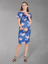 Load image into Gallery viewer, Floral Navy Blue Off Shoulder Maternity Dress