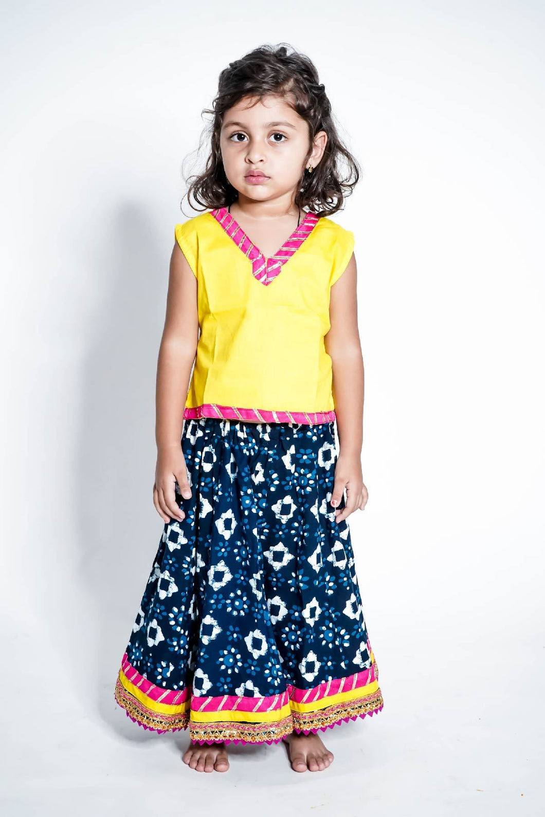 Yellow and Indigo Floral Girls Lehenga Set