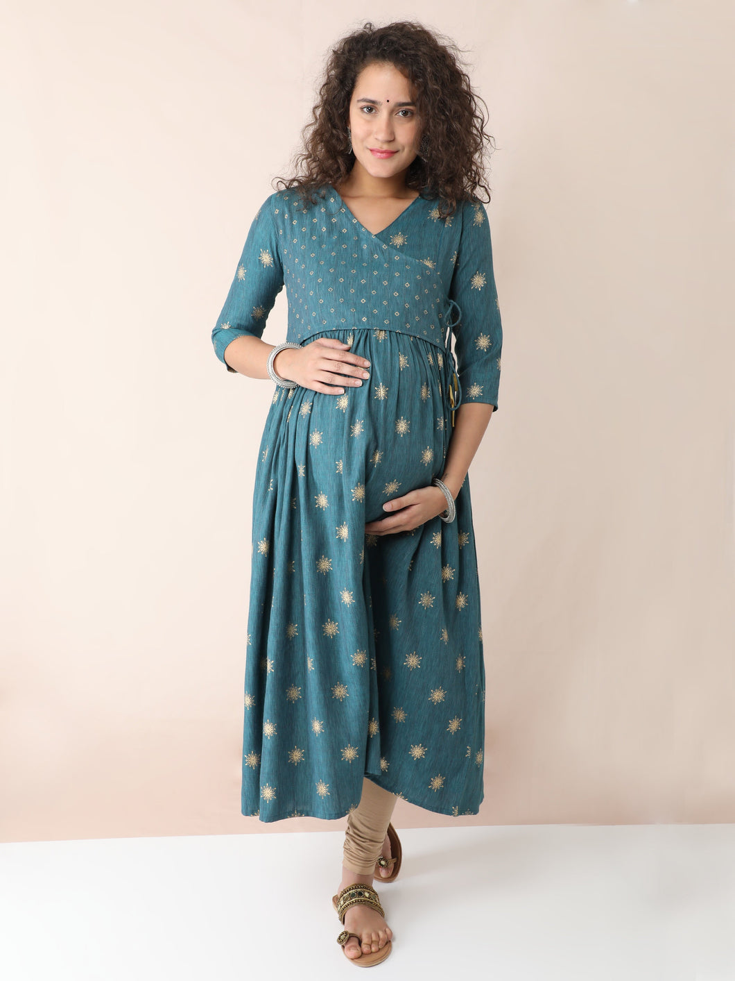 Pine Green Angarkha Maternity and Nursing Kurti- Front