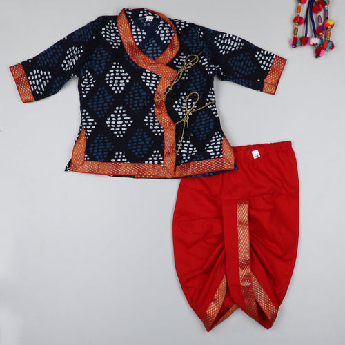 Indigo and Red Print Boys Dhoti Kurta