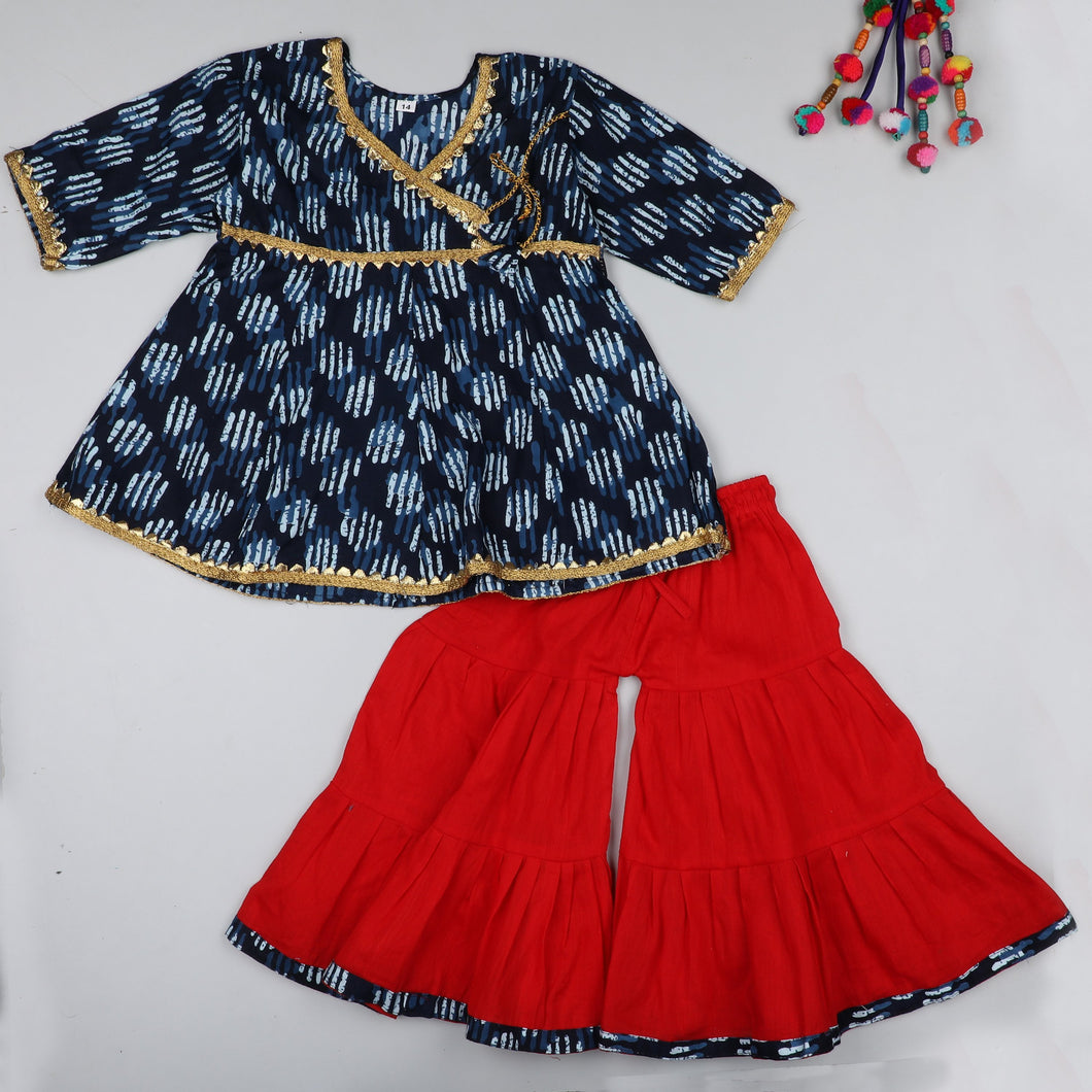 Indigo And Red Girls Anarkali Sharara Set