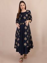 Load image into Gallery viewer, Navy Blue Gold Foil Maternity and Nursing Kurti - Front