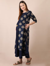 Load image into Gallery viewer, Navy Blue Gold Foil Maternity and Nursing Kurti - side