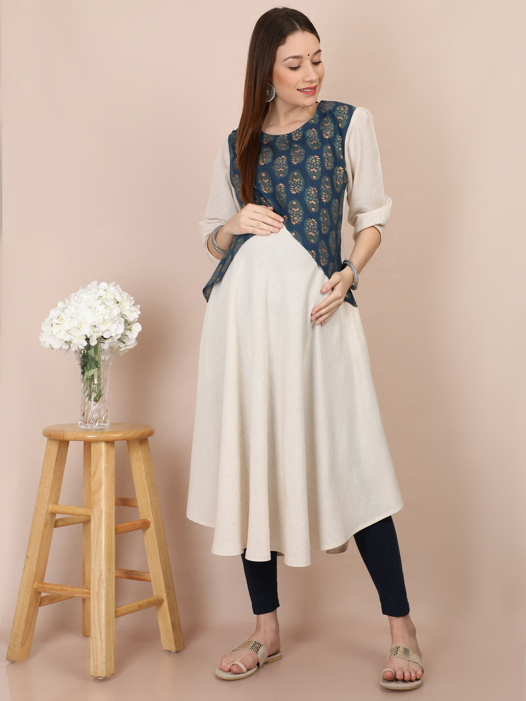 Peacock Blue with Crafted Khaadi Maternity and Nursing Kurti