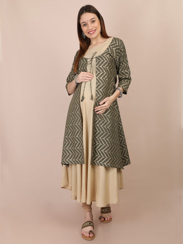 Sage Green Gold Print Maternity and Nursing Kurti - front