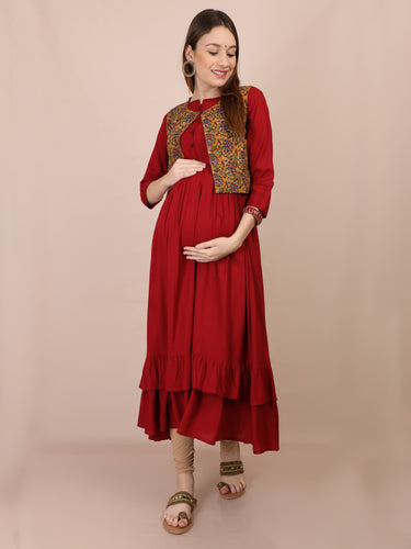 Boho Chic Maroon Maternity and Nursing Kurti   -Front 