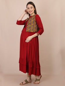 Boho Chic Maroon Maternity and Nursing Kurti - Side