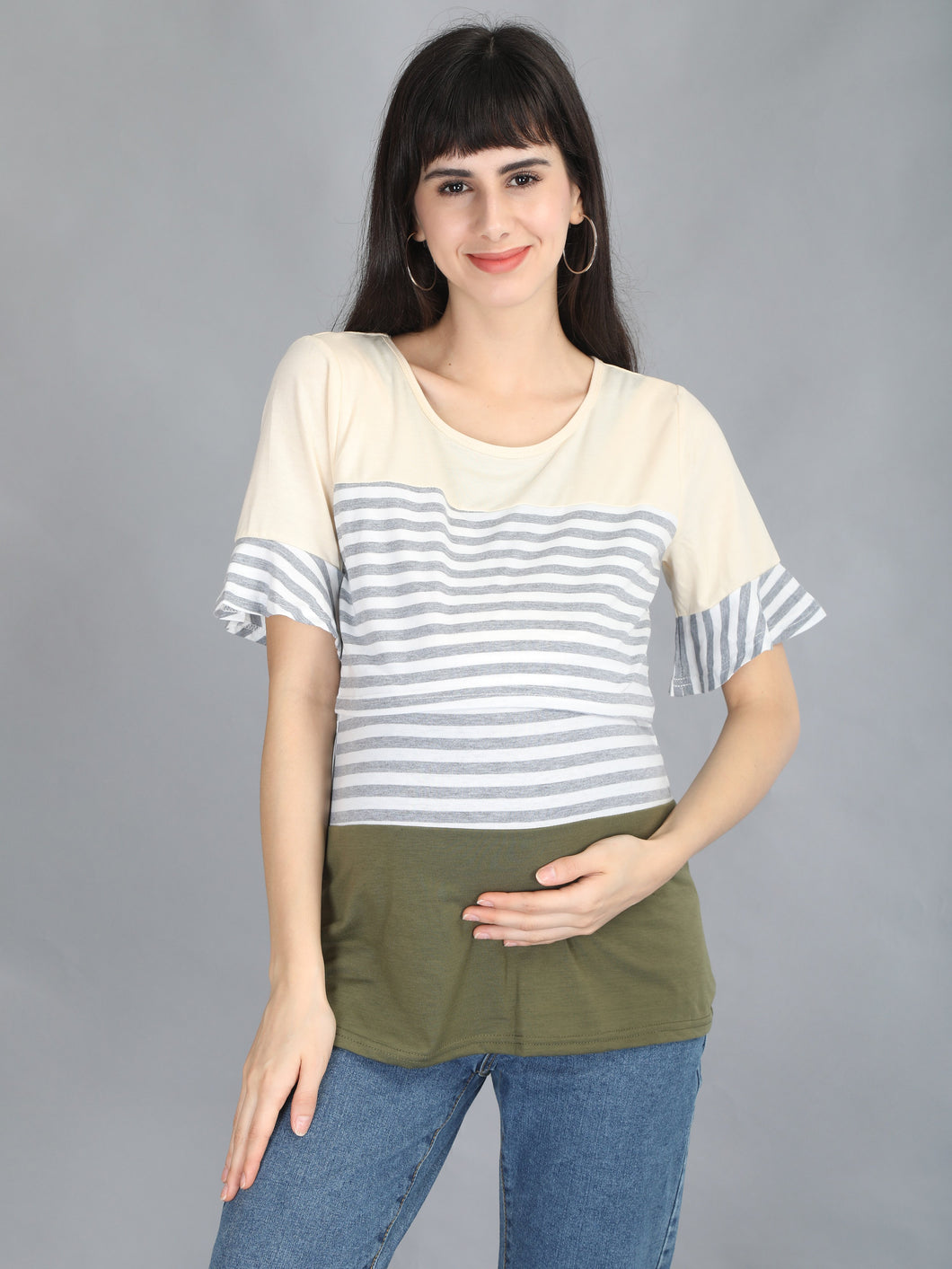 Olive and Grey Stripes Casual Maternity and Nursing Wear Top