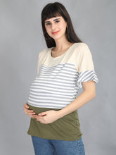 Load image into Gallery viewer, Olive and Grey Stripes Casual Maternity and Nursing Wear Top- Left View