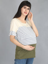 Load image into Gallery viewer, Olive and Grey Stripes Casual Maternity and Nursing Wear Top- Right View
