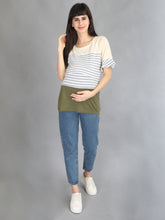 Load image into Gallery viewer, Olive and Grey Stripes Casual Maternity and Nursing Wear Top- Full View