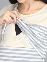 Load image into Gallery viewer, Olive and Grey Stripes Casual Maternity and Nursing Wear Top- Zoom View