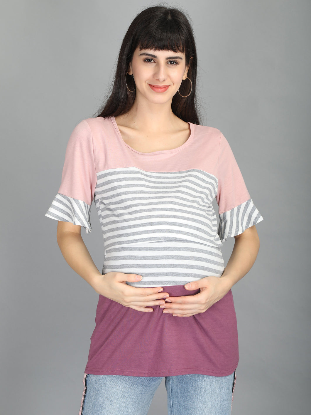 Lavender and Grey Stripes Casual Maternity and Nursing Wear Top