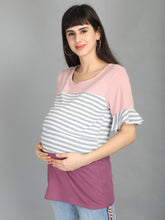 Load image into Gallery viewer, Lavender and Grey Stripes Casual Maternity and Nursing Wear Top- Left View