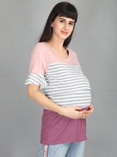 Load image into Gallery viewer, Lavender and Grey Stripes Casual Maternity and Nursing Wear Top- Right View