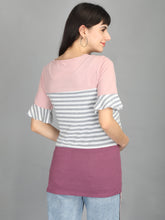 Load image into Gallery viewer, Lavender and Grey Stripes Casual Maternity and Nursing Wear Top- back View