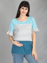 Load image into Gallery viewer, Blue and Grey Stripes Casual Maternity and Nursing Wear Top