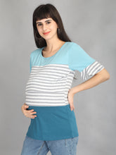 Load image into Gallery viewer, Blue and Grey Stripes Casual Maternity and Nursing Wear Top- Left View