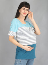 Load image into Gallery viewer, Blue and Grey Stripes Casual Maternity and Nursing Wear Top- Right View