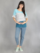 Load image into Gallery viewer, Blue and Grey Stripes Casual Maternity and Nursing Wear Top- Full View