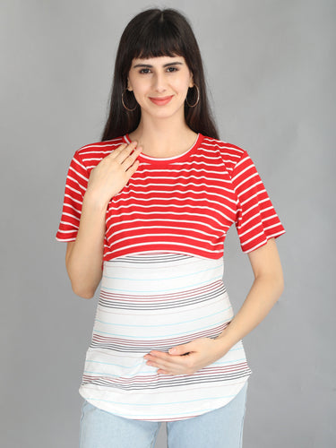 Red and White Stripes Casual Maternity and Nursing Wear Top