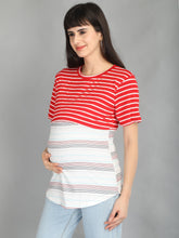 Load image into Gallery viewer, Red and White Stripes Casual Maternity and Nursing Wear Top- Left View