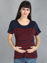 Load image into Gallery viewer, Navy Blue and Red Stripes Casual Maternity and Nursing Wear Top