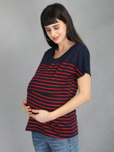 Load image into Gallery viewer, Navy Blue and Red Stripes Casual Maternity and Nursing Wear Top- Left View