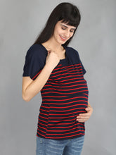 Load image into Gallery viewer, Navy Blue and Red Stripes Casual Maternity and Nursing Wear Top- Right View