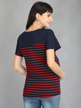 Load image into Gallery viewer, Navy Blue and Red Stripes Casual Maternity and Nursing Wear Top- Back View