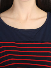 Load image into Gallery viewer, Navy Blue and Red Stripes Casual Maternity and Nursing Wear Top- Neck View