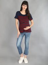 Load image into Gallery viewer, Navy Blue and Red Stripes Casual Maternity and Nursing Wear Top- Full View