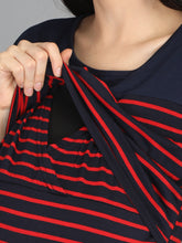 Load image into Gallery viewer, Navy Blue and Red Stripes Casual Maternity and Nursing Wear Top- Zoom View