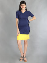 Load image into Gallery viewer, Navy Blue &amp; Yellow Wrap Maternity And Nursing Dress
