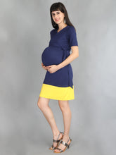 Load image into Gallery viewer, Navy Blue &amp; Yellow Wrap Maternity And Nursing Dress