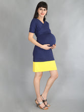 Load image into Gallery viewer, Navy Blue &amp; Yellow Wrap Maternity And Nursing Dress