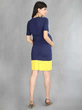 Load image into Gallery viewer, Navy Blue &amp; Yellow Wrap Maternity And Nursing Dress - Back View