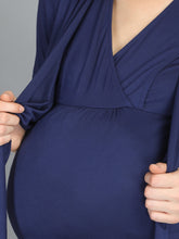 Load image into Gallery viewer, Navy Blue &amp; Yellow Wrap Maternity And Nursing Dress - Zoom View