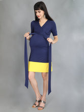 Load image into Gallery viewer, Navy Blue &amp; Yellow Wrap Maternity And Nursing Dress