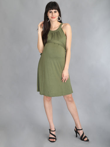 Olive Green Halter Neck Maternity Dress