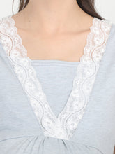 Load image into Gallery viewer, Lace Grey Maternity and Nursing Dress - Neck View
