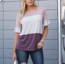 Load image into Gallery viewer, Lavender and Grey Stripes Casual Maternity and Nursing Wear Top- View