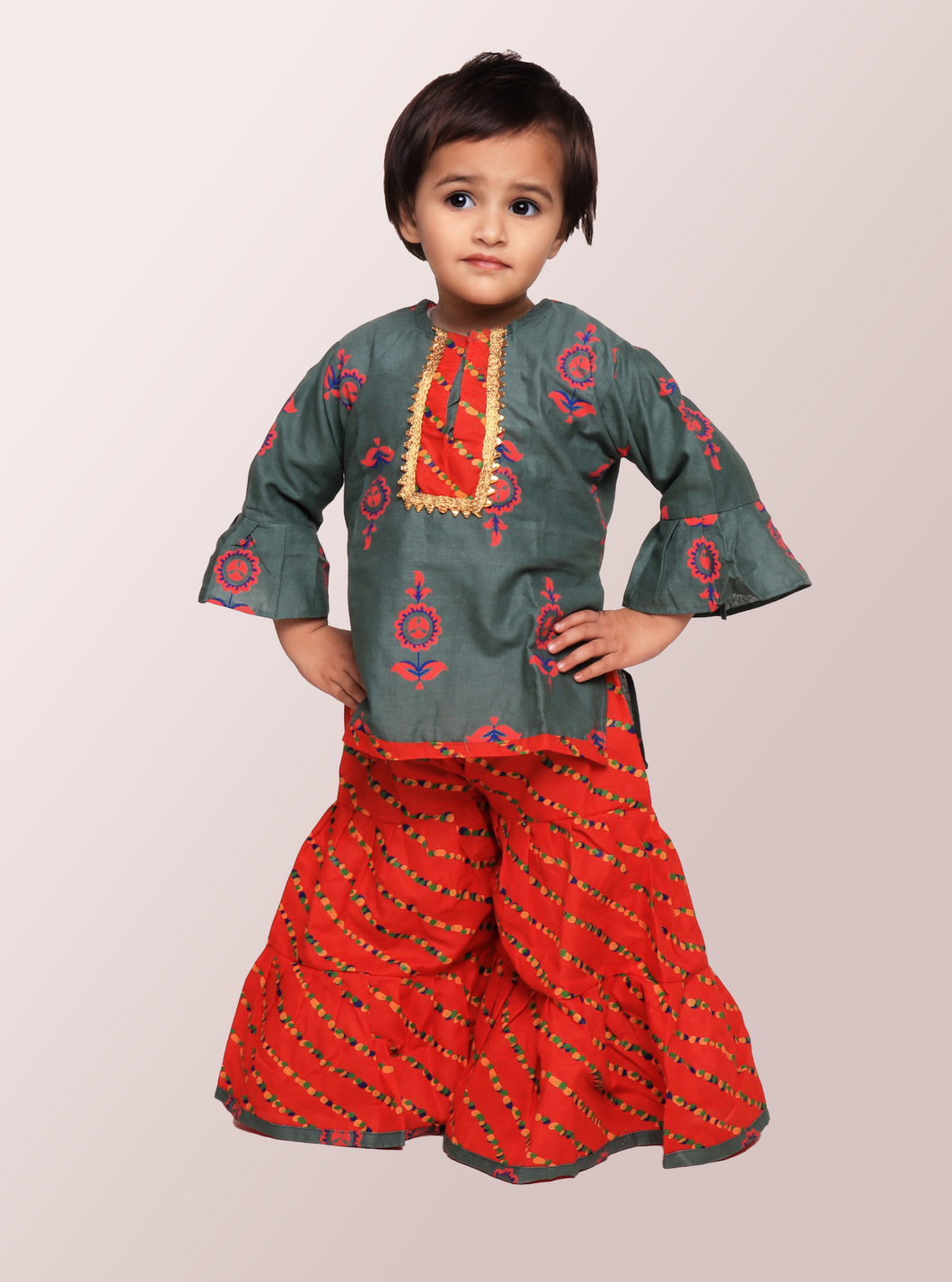 Moss And Red Sharara Top Set