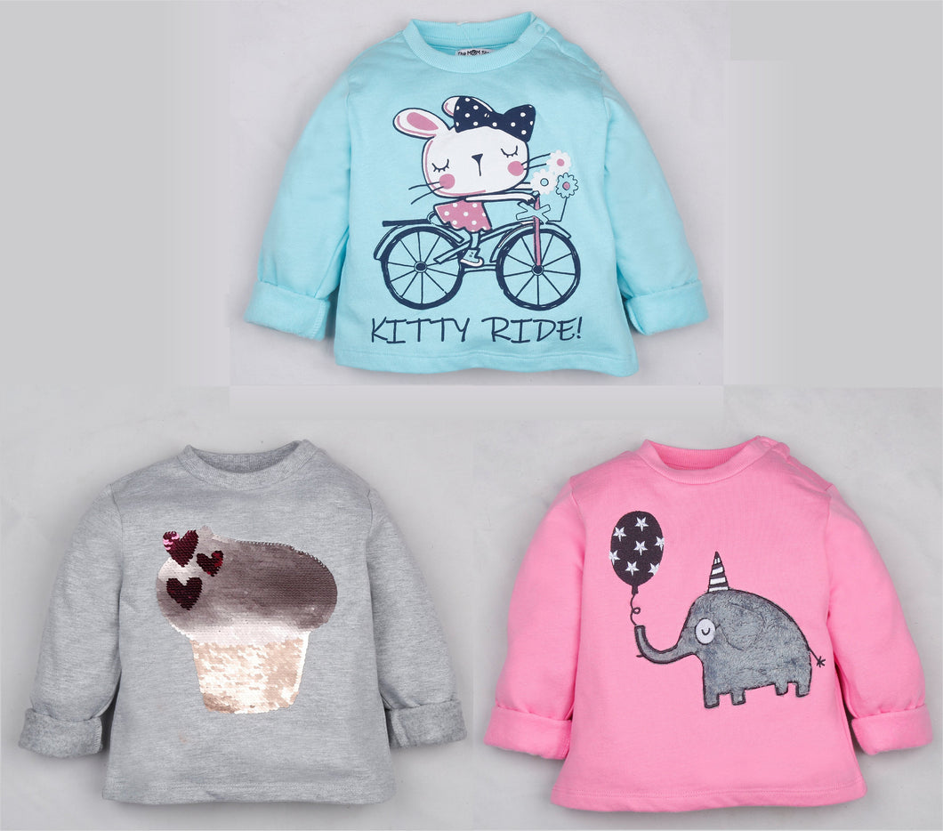 Fleeced Lined Winter Sweatshirt Combo - Cupcake, Elephant and Kitty