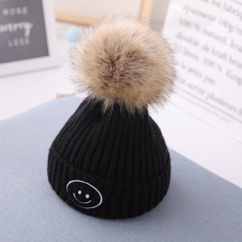 Smiley Pom Pom Baby Winter Cap - Black