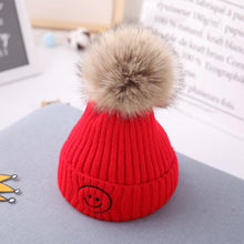 Load image into Gallery viewer, Smiley Pom Pom Baby Winter Cap - Red