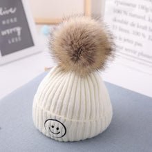 Load image into Gallery viewer, Smiley Pom Pom Baby Winter Cap - White