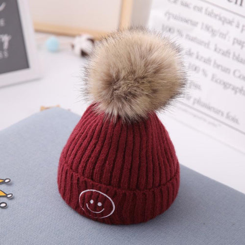 Smiley Pom Pom Baby Winter Cap - Maroon